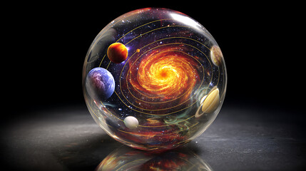 Poster - Shiny reflective marble with the cosmos, sun, stars, planets and galaxies inside a glass globe orb bowling ball, light mirror sphere in space