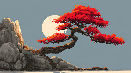 Aufkleber - Japanese style illustration of spiritual tree on rocks