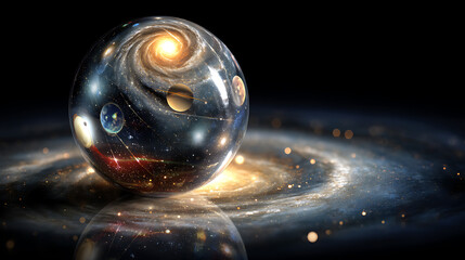 Leinwandbilder - Shiny reflective marble with the cosmos, sun, stars, planets and galaxies inside a glass globe orb bowling ball, light mirror sphere in space