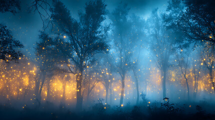 Poster - Magical fairy tale forest landscape background with fog and glowing lights
