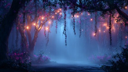 Poster - Magical fairy tale forest landscape background with fog and glowing lights