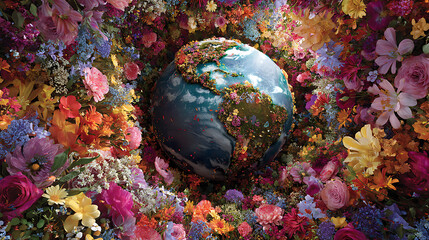 Poster - The earth surrounded by a colorful array of flowers
