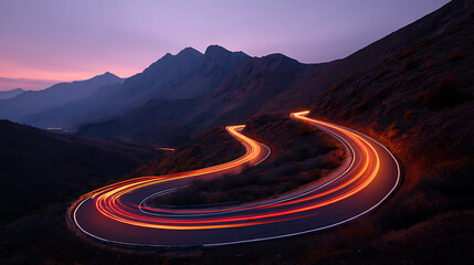 Fototapete - Winding mountain road with light trails at dusk, scenic travel concept
