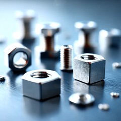 Poster - Assorted Silver Metal Fasteners: Close-up of Bolts, Nuts, and Washers on a Reflective Surface with a Soft, Industrial Aesthetic