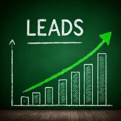 Poster - Leads Growth Chart on Chalkboard: Upward Trend Analysis, Marketing and Sales Performance Illustration, with Green Arrow