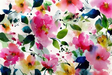 Aufkleber - Watercolor Splash With Dreamy Floral Pattern Showcasing Vibrant Colors and Loose Brushwork in Springtime Freshness Generative AI