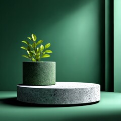 Aufkleber - Minimalist Plant Display: Green Plant on Concrete Platform in Abstract Green Space - Studio Shot