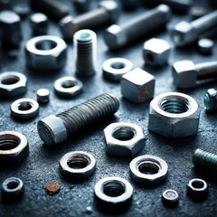 Poster - Nuts and Bolts Abstract: A Close-Up of Fasteners on a Dark, Textured Surface, Showing a Mix of New and Weathered Hardware
