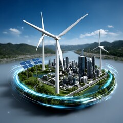Leinwandbilder - Sustainable City of the Future: Wind Turbines, Solar Panels, and Urban Green Spaces for Renewable Energy