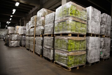 Poster - Warehouse Loaded With Stacked Pallets Wrapped in Plastic Film During Daylight Hours Generative AI