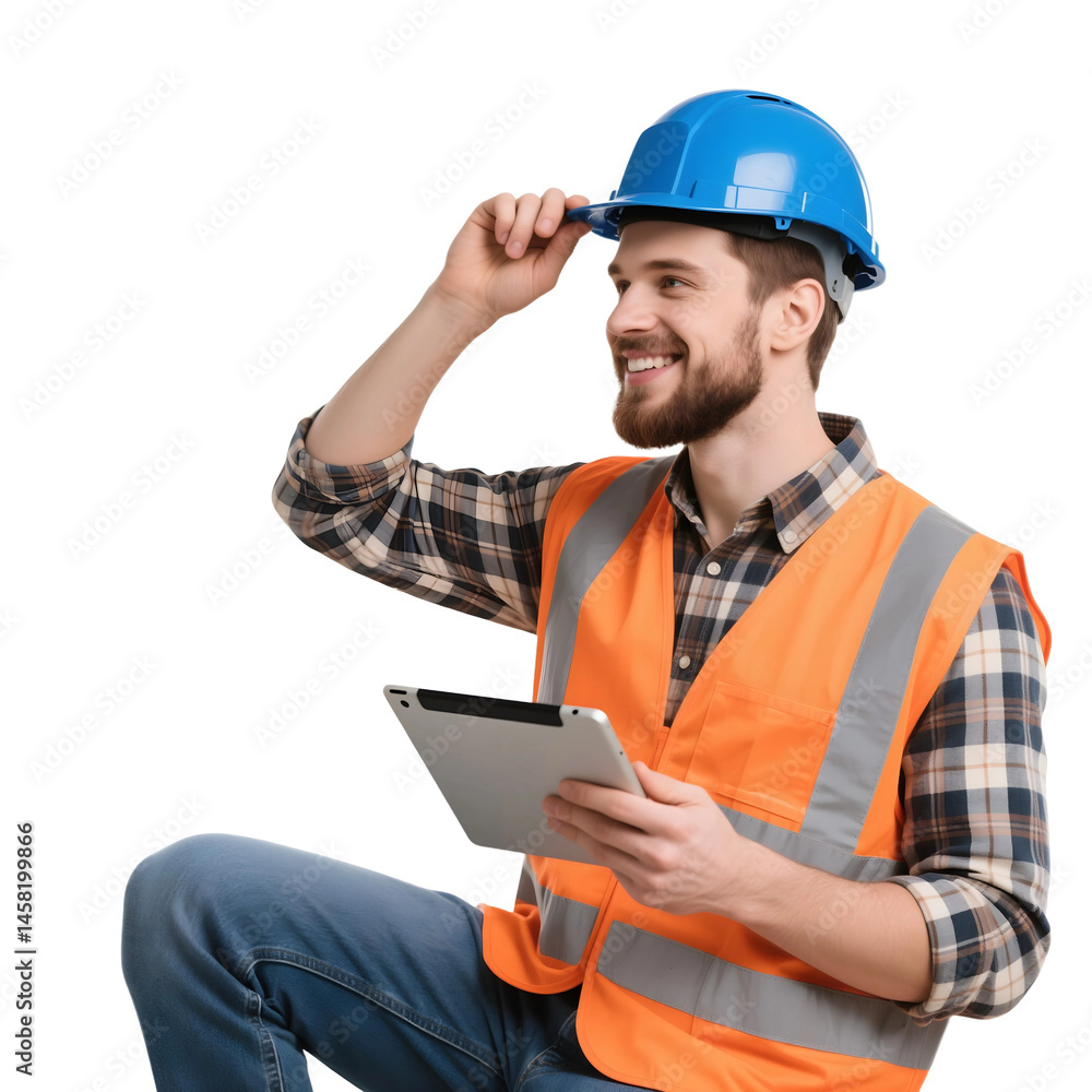 Construction worker with tablet wearing hard hat and safety vest ...