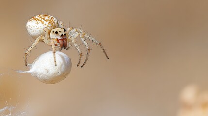 Spider guarding egg sac, desert background, nature macro