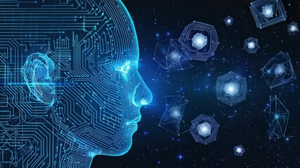 Fototapete - AI Consciousness Circuit Head and Data Crystals