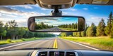 Detailed image of rearview mirror showing clear view of road behind with high definition display of rearview camera on dashboard screen, car display, auto safety