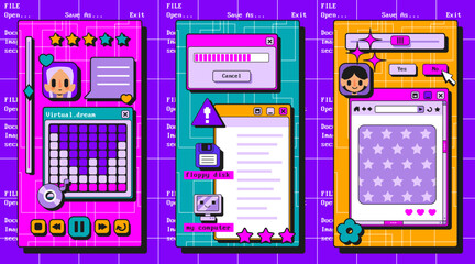 Wall Mural - retro user interface windows collection - loading screen, folder explorer, message box dialog. color