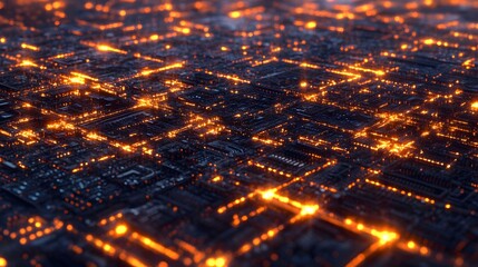 Wall Mural - abstract view of a glowing city grid network.