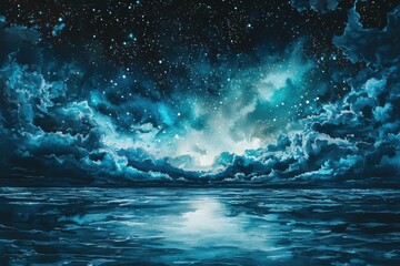 Wall Mural - Mystical Ocean Under Starry Sky with Dramatic Clouds and Reflections