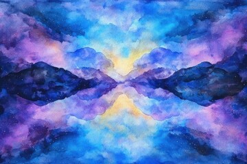 Wall Mural - Serene Watercolor Landscape with Vibrant Purple and Blue Colors