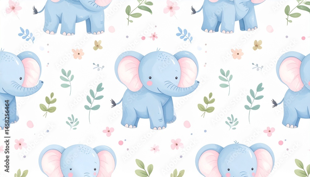 Adorable Baby Elephants Seamless Pattern Pastel Blue Pink Floral ...