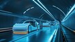 © Adex - Futuristic vehicles in neon lit tunnel autonomous driving technology concept