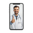 © SQUAREPIXEL - Smartphone displaying doctor with thumbs-up representing telehealth or online consult