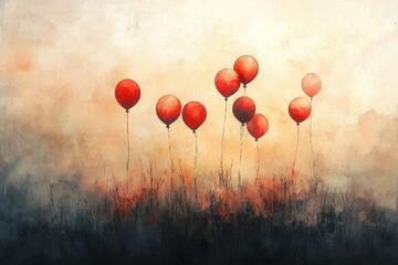 Wall Mural - colorful red balloons floating above grass in soft pastel background