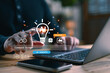 © Looker_Studio - User pointing at a virtual AI lightbulb icon with “Generate” button and command prompt bar, symbolizing generative AI, idea creation, smart automation, and prompt-based content generation systems.