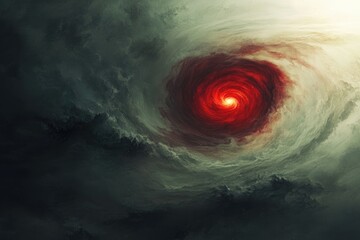 Wall Mural - a swirling vortex of dark clouds and fiery red center, cosmic abyss, ethereal beauty.
