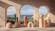 © Rasel - Coastal Minimalist Archway Scene with Geometric Shapes and Cactus