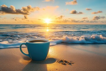 Wall Mural - Enjoying coffee while watching the sunrise over the ocean waves on a beautiful beach, A cup of coffee on the beach with the sun rising over the ocean