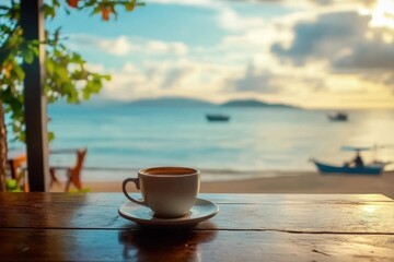 Wall Mural - Enjoying coffee on a table with a serene beach view at sunset, Coffee on indoor table overlooking beautiful beach in summer ing