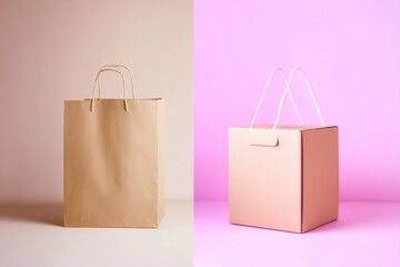 Aufkleber - Pastel Colored Paper Shopping Bag and Cardboard Box Displayed Side by Side in a Minimalistic Setting Generative AI