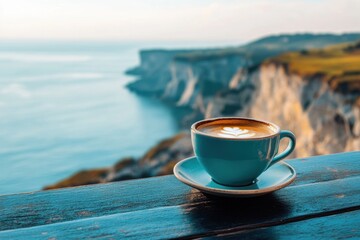 Wall Mural - Coffee cup on a table with stunning views of cliffs and ocean at sunrise, Cup of coffee on table overlooking cliffs and sea Coastal tranquility concept
