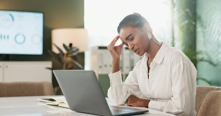 Poster - Business woman, laptop and headache in office for fatigue, 404 glitch and burnout from work. Tired, stress and female Indian accountant with migraine for pain, lens flare and problem with internet