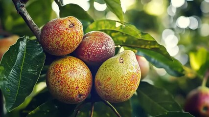 Exotic speckled fruit hanging on tree branch, natural food and fresh ingredients