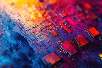 Wall Mural - abstract digital art depicting a vibrant, multicolored circuit board with a futuristic, technologica