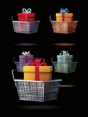 Poster - Creative Art Showcases a Shopping Basket Transforming Into a Colorful Gift Box on a Dark Background in a Playful Design Generative AI