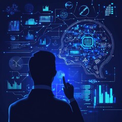 human silhouette with digital network and data analytics background
