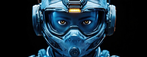 Aufkleber - Close up portrait of a futuristic warrior woman with intense gaze wea a high tech helmet against a dark black studio background.