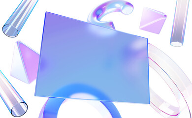 Wall Mural - 3d abstract glass morphism transparent card with flying geometric shapes render background. circle t