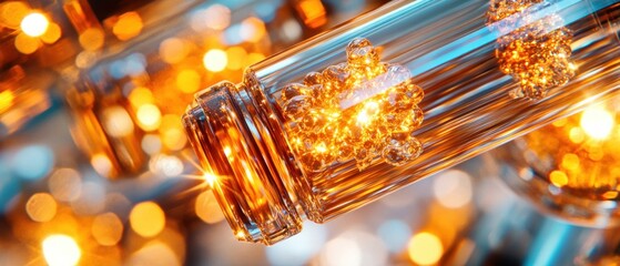 Aufkleber - Close up view of glass vial containing gold colored material, possibly pharmaceutical or cosmetic product set against blurred lights background.