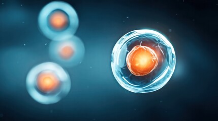 Aufkleber - A microscopic view shows multiple translucent cells with bright orange nuclei floating in a dark blue fluid like environment for scientific study.