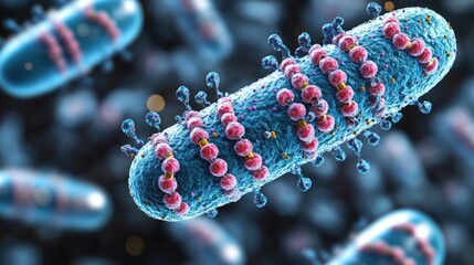 Aufkleber - Detailed rende of a bacterial cell reveals its intricate structure and features on a dark blurred background in a microbiology visualization.