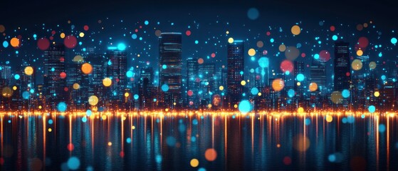 Poster - A futuristic cityscape glows with vibrant bokeh lights reflected in the water, creating a magical and ethereal nighttime ambiance.