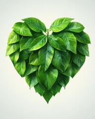 Poster - Lush green leaves carefully arranged in a heart shape symbolize nature's love and growth on a bright white background in striking detail.