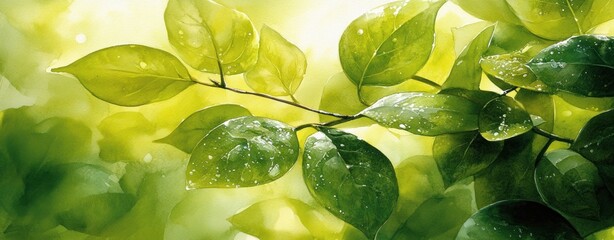 Fototapete - Watercolor painting depicts fresh green leaves and branch creating a calm and inviting natural environment on a sunny day.