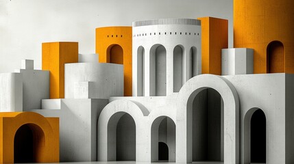 Aufkleber - Abstract architectural design featu arches and geometric shapes in shades of white and yellow against a neutral background for visual interest.