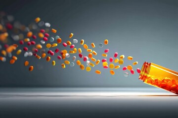 Aufkleber - Pill Bottle Falls With Tablets Spilling in Slow Motion Against a Gradient Background During a Dramatic Still Moment Generative AI