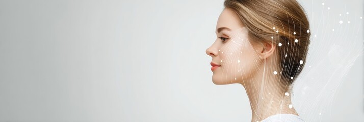 Fototapete - Woman With Digital Implant Overlay on Cheek in a Modern, Minimalistic Setting Showcasing Technological Integration Generative AI