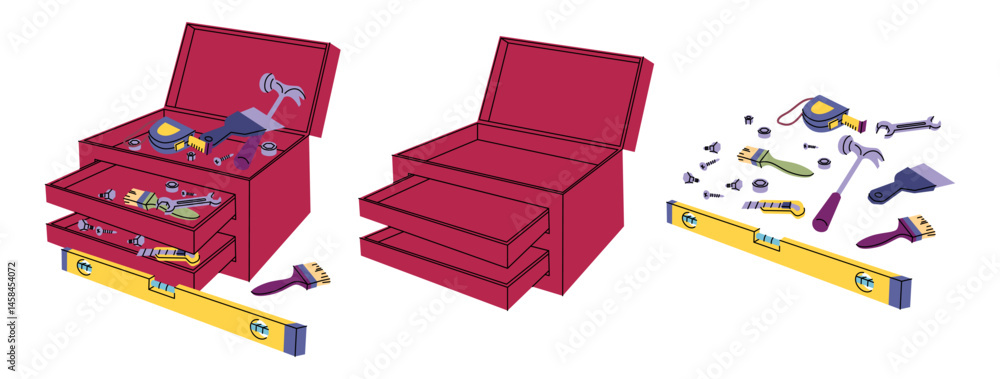 Cartoon Red Empty and Full Open Construction Toolkit Boxes Set Repair ...